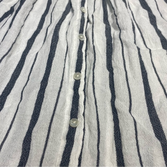 Flouncy Off Shoulder Blue & White Striped Button Down Short Sleeve Blouse Loose - Picture 5 of 8